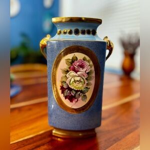 Antique Noritake Blue Porcelain Vase w/Pink Roses & Gold Trim- Perfect Condition